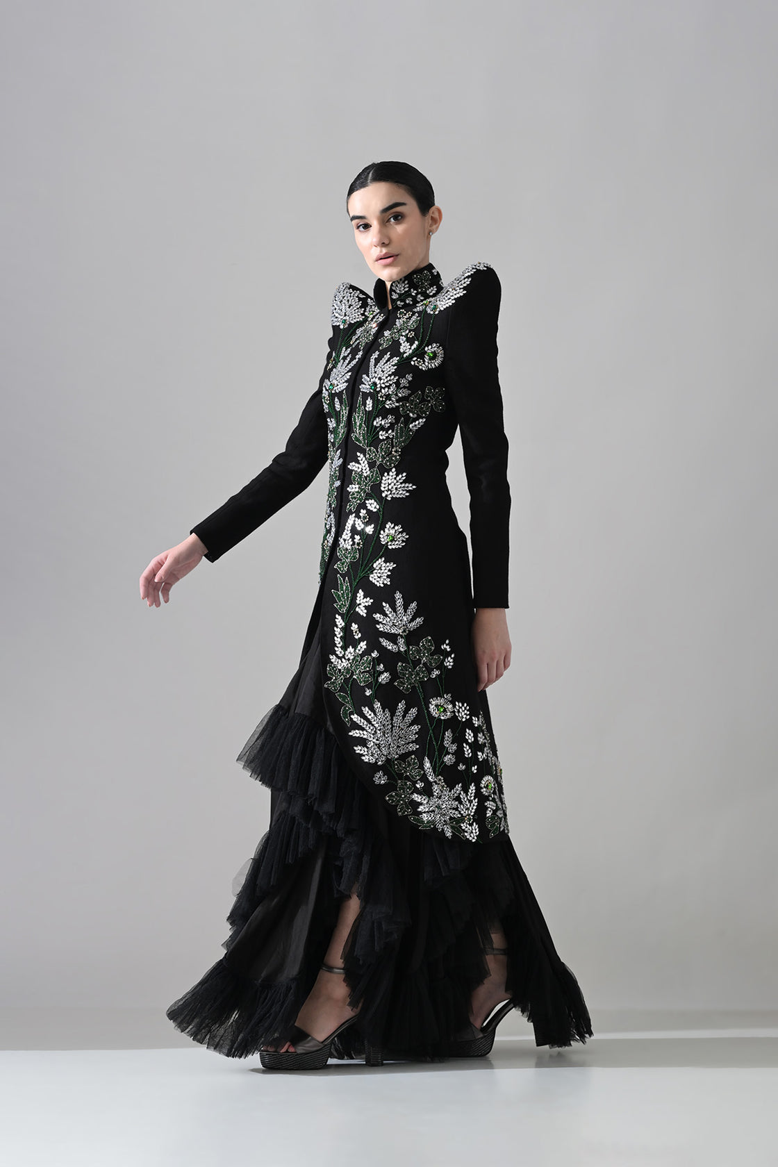 Black Botanical Embroidered Jacket With Tiered Tulle Skirt