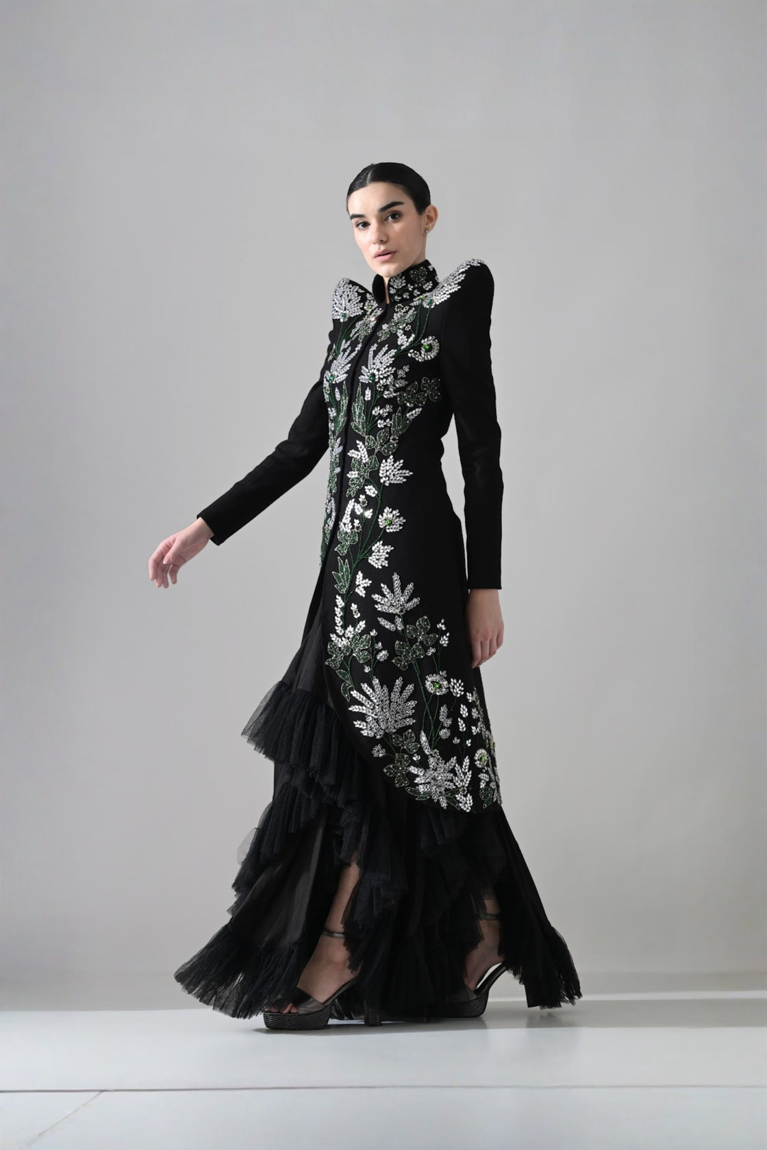Black Botanical Embroidered Jacket With Tiered Tulle Skirt
