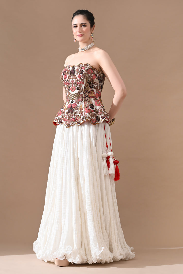 Soft Ivory Floral Embroidered Corset With Skirt