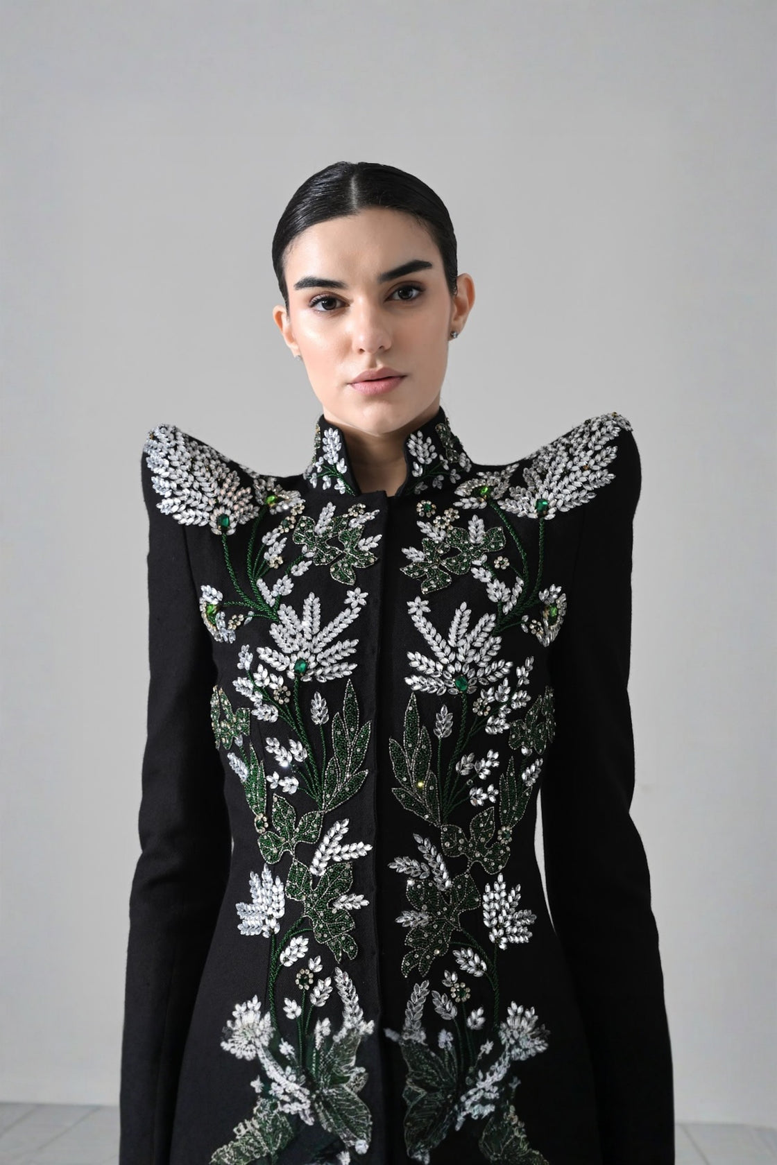 Black Botanical Embroidered Jacket With Tiered Tulle Skirt