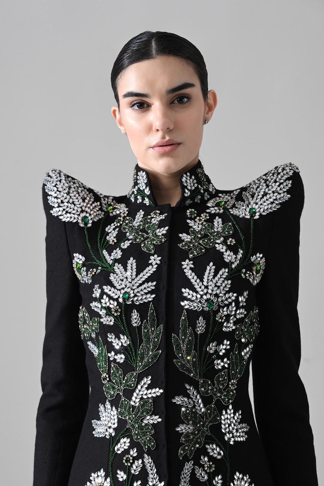 Black Botanical Embroidered Jacket With Tiered Tulle Skirt