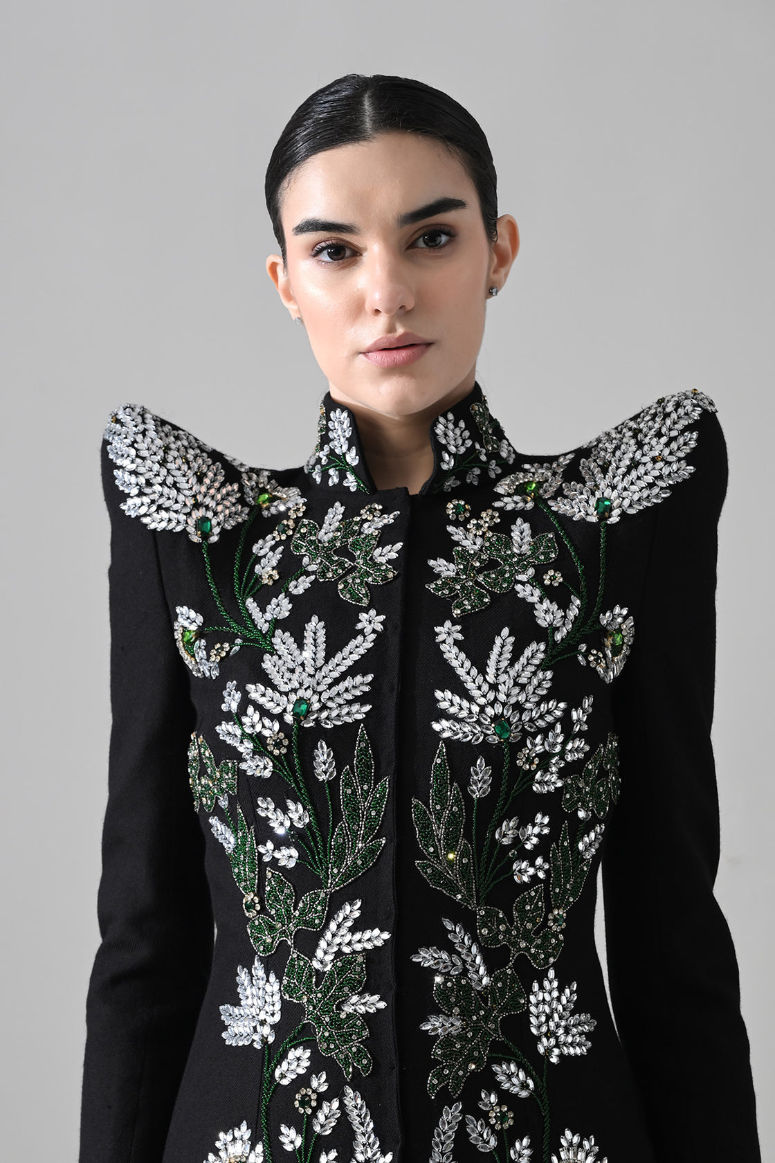 Black Botanical Embroidered Jacket With Tiered Tulle Skirt
