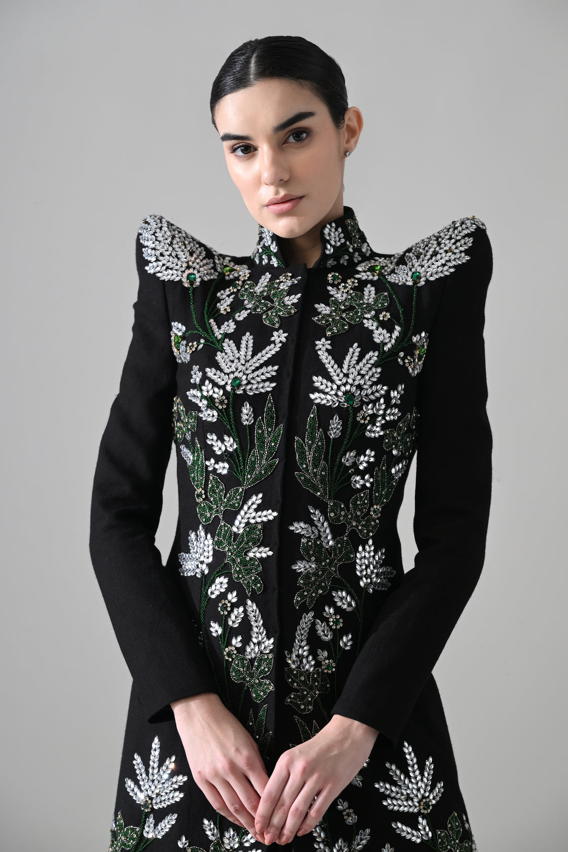 Black Botanical Embroidered Jacket Gown with Tiered inner dress