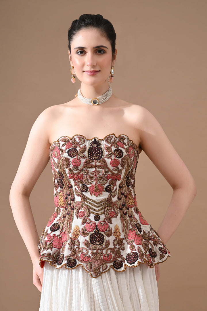 Soft Ivory Floral Embroidered Corset With Skirt