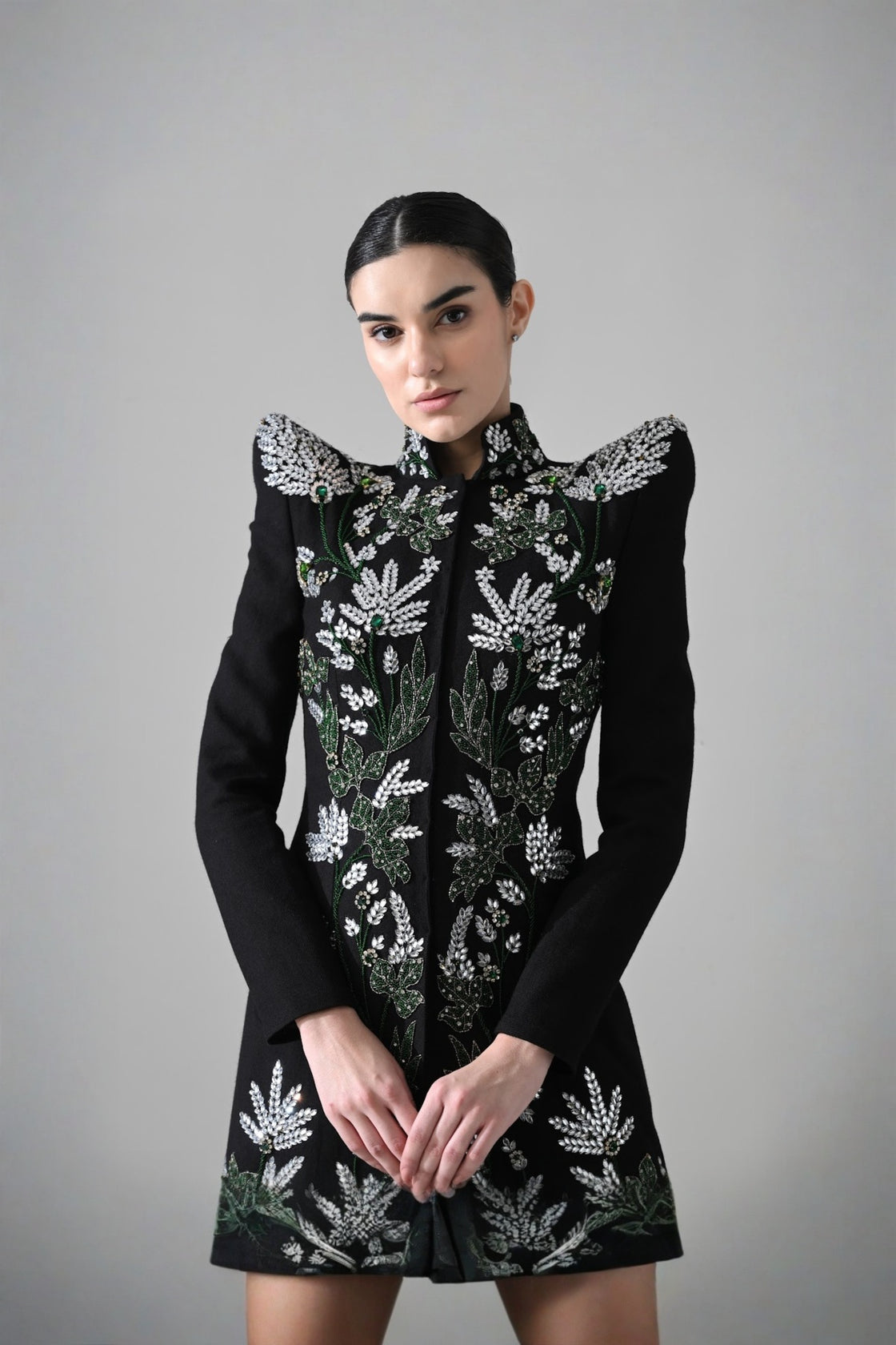 Black Botanical Embroidered Jacket With Tiered Tulle Skirt
