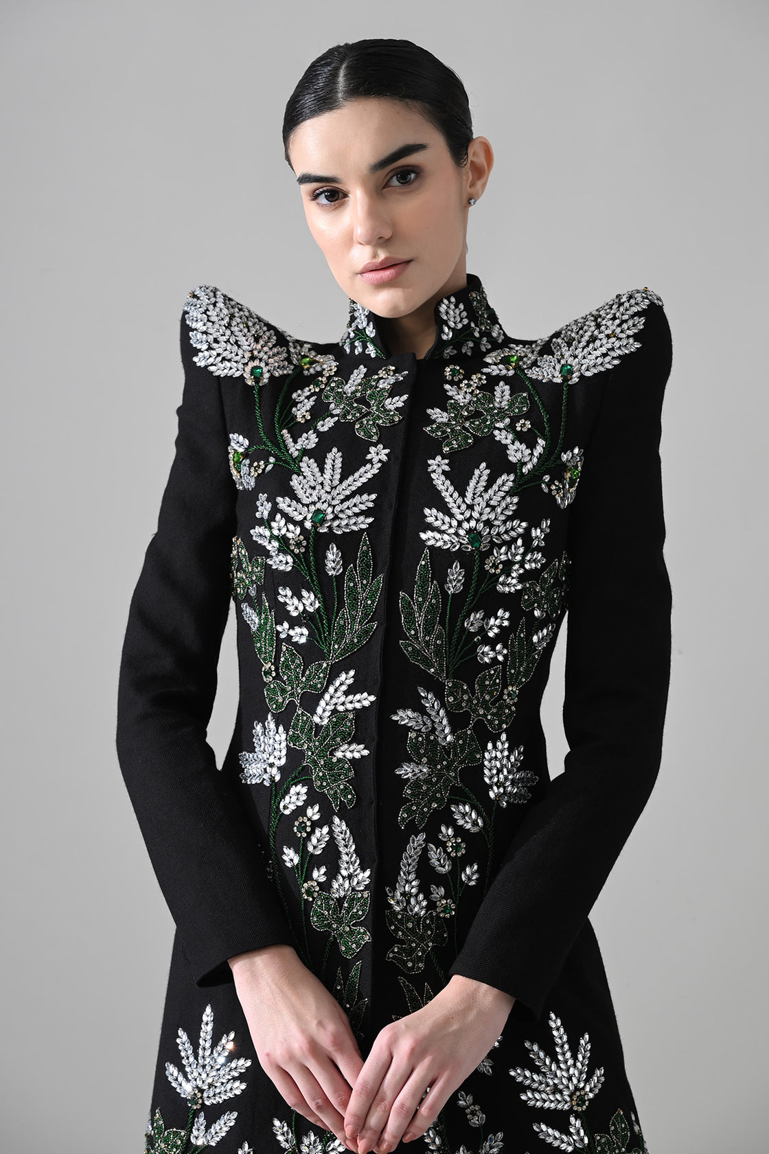 Black Botanical Embroidered Jacket With Tiered Tulle Skirt