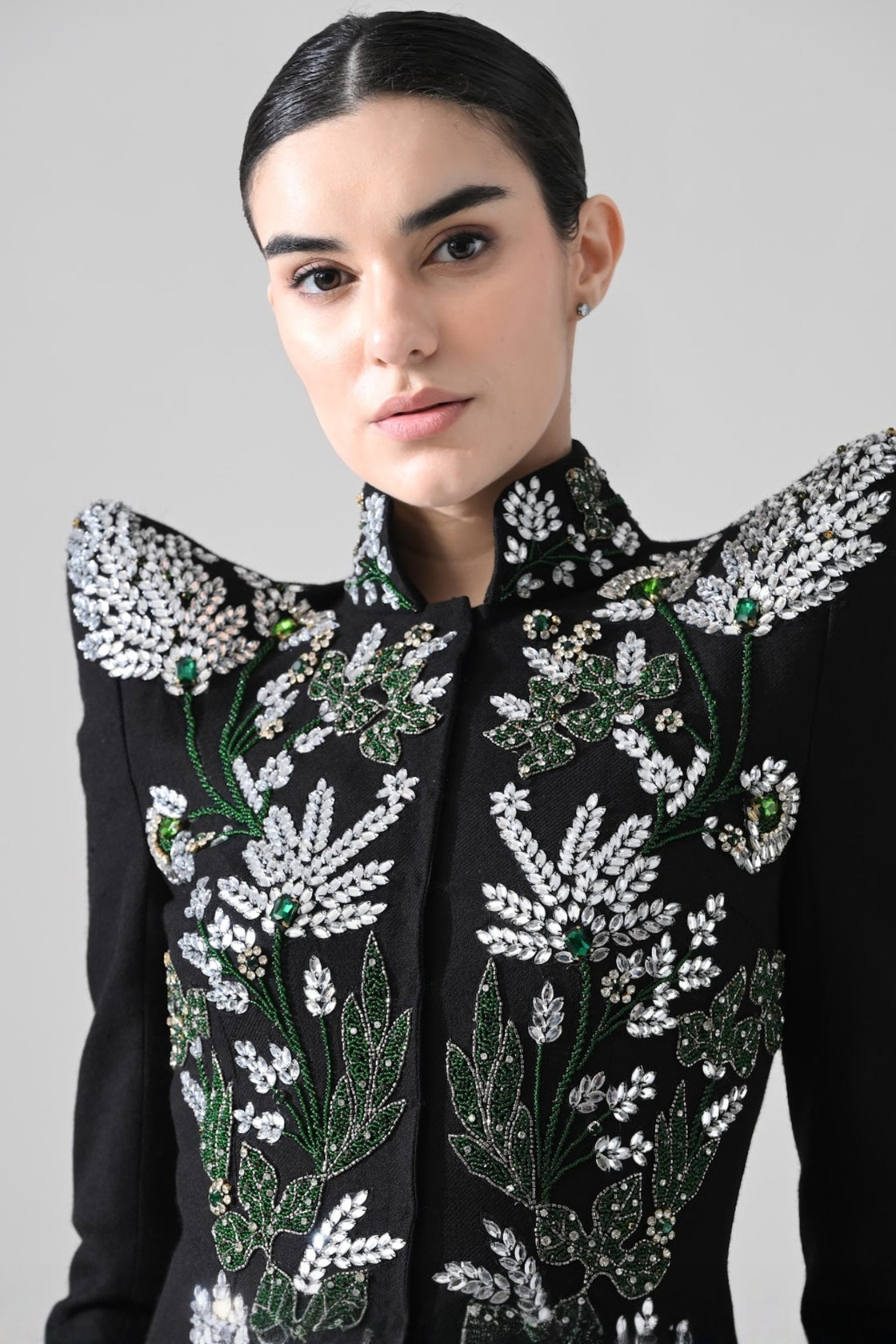 Black Botanical Embroidered Jacket With Tiered Tulle Skirt