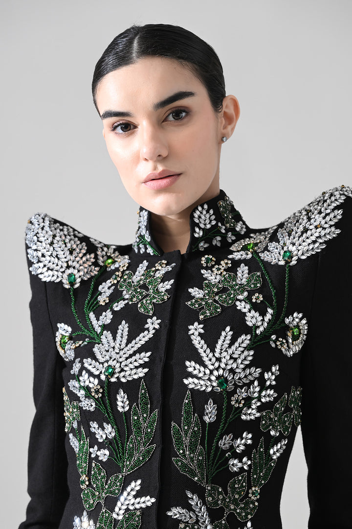 Black Botanical Embroidered Jacket With Tiered Tulle Skirt