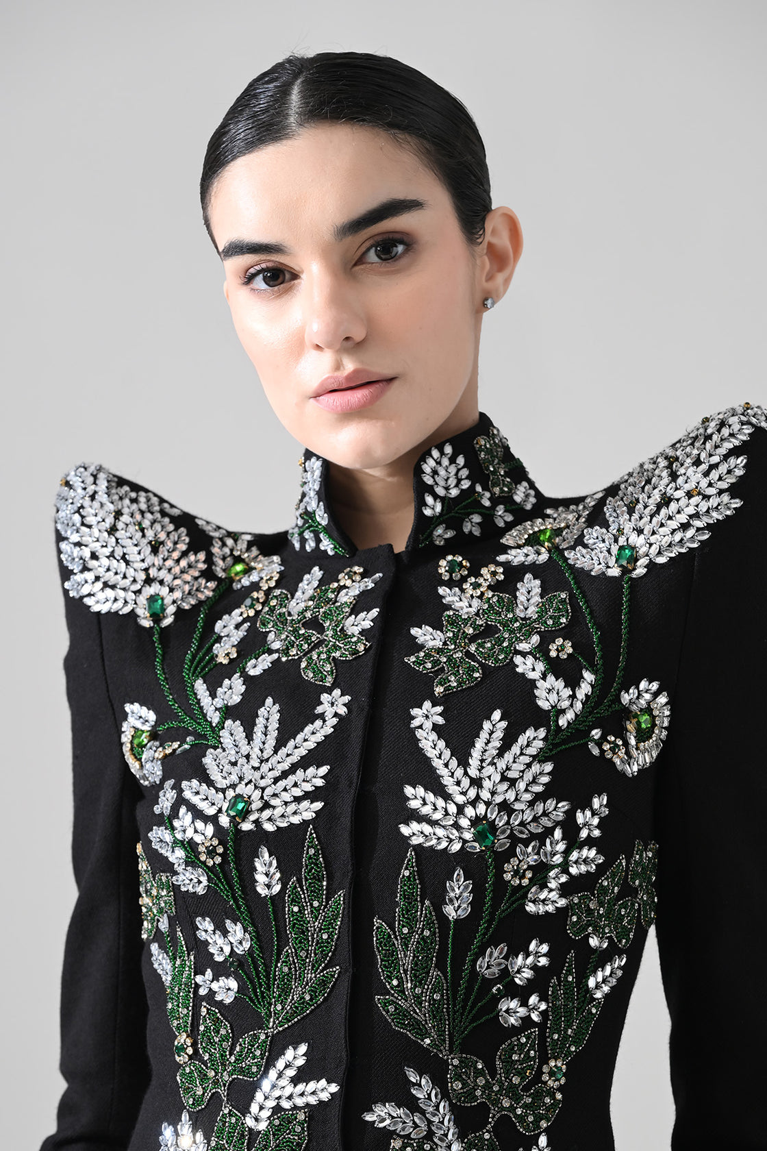 Black Botanical Embroidered Jacket With Tiered Tulle Skirt