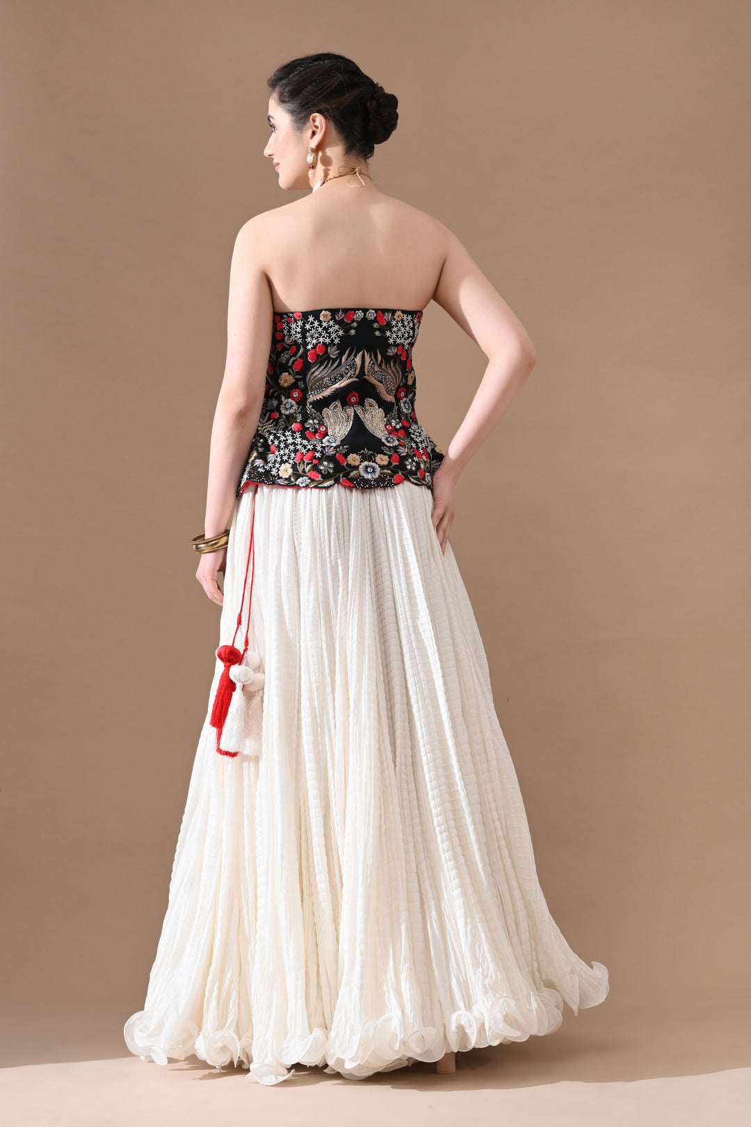 Black Floral Embroidered Corset With Ivory Skirt