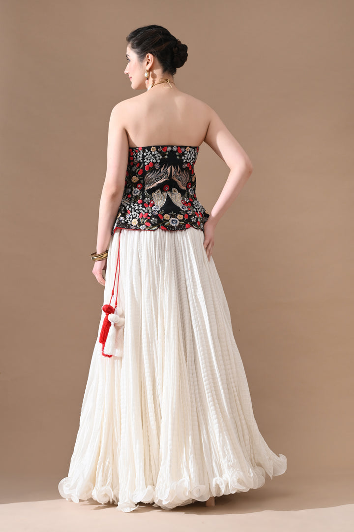 Black Floral Embroidered Corset With Ivory Skirt
