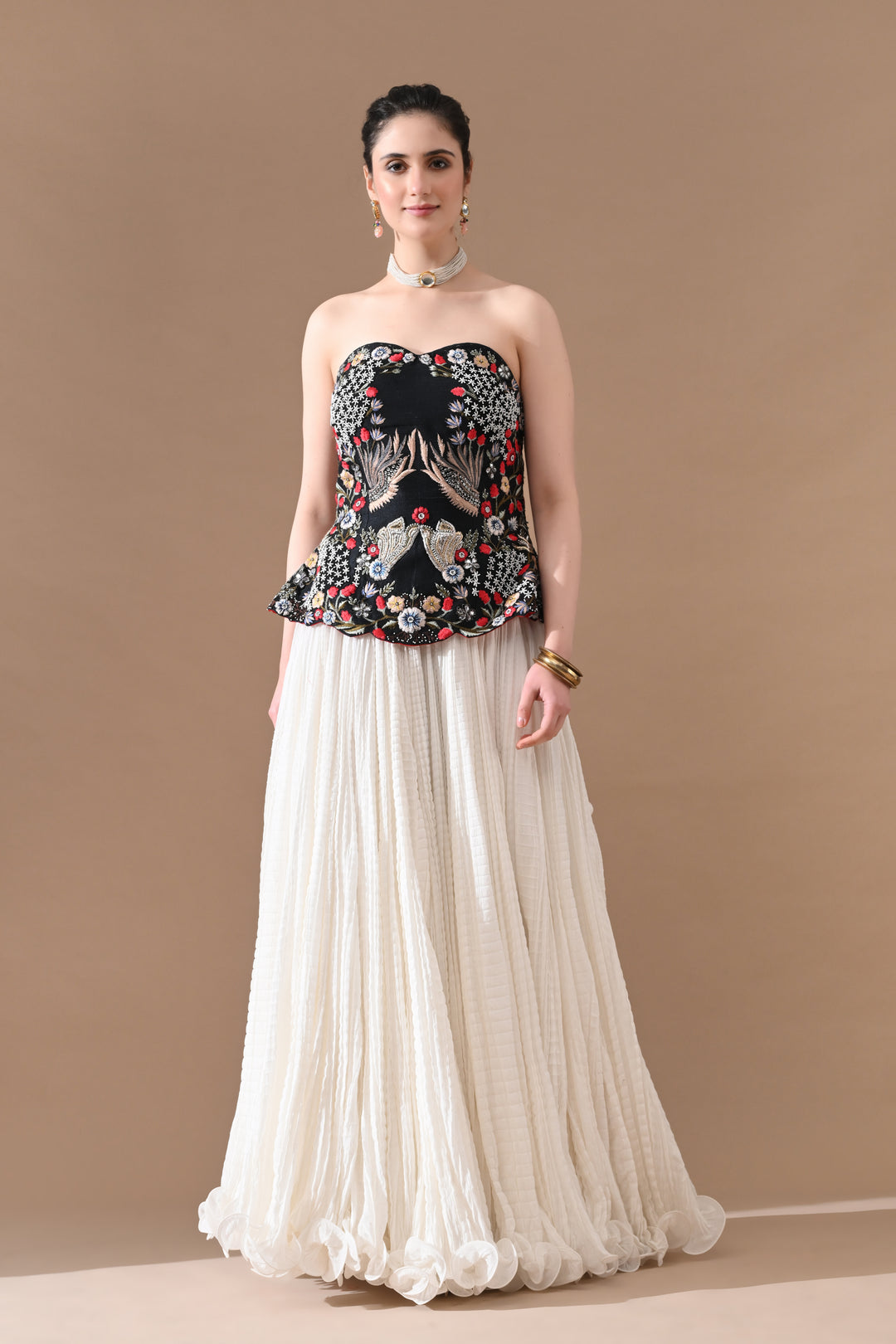 Black Floral Embroidered Corset With Ivory Skirt