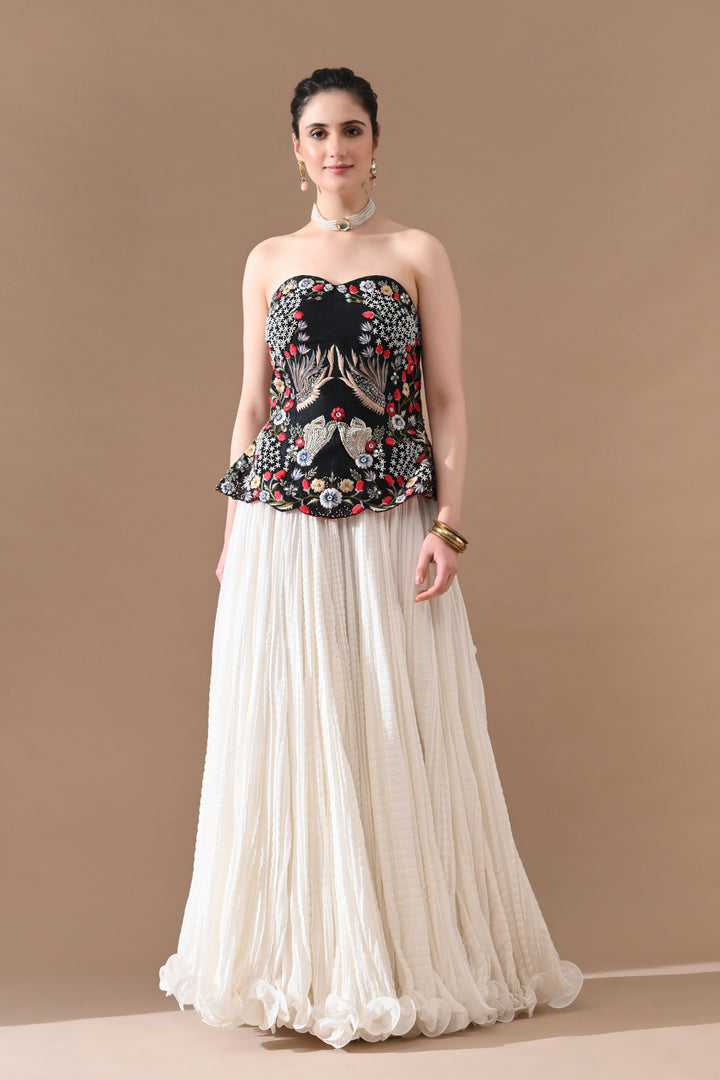 Black Floral Embroidered Corset With Ivory Skirt