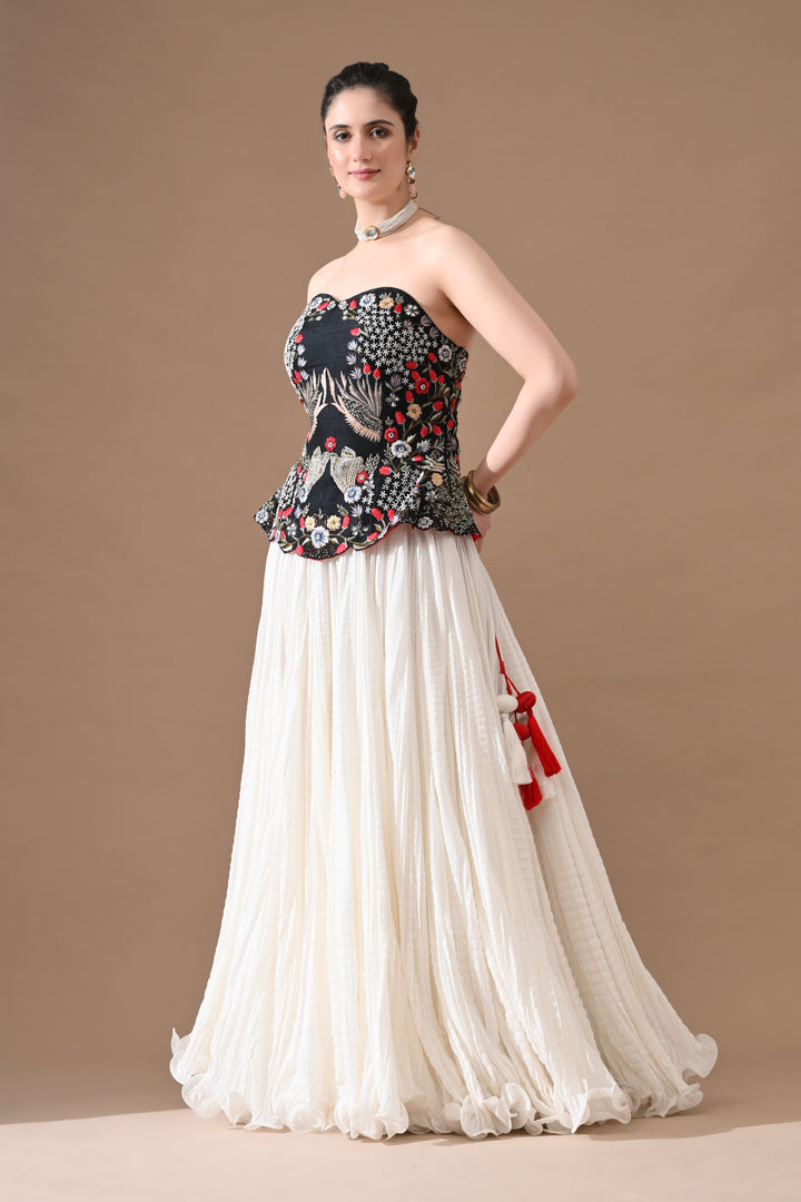 Black Floral Embroidered Corset With Ivory Skirt