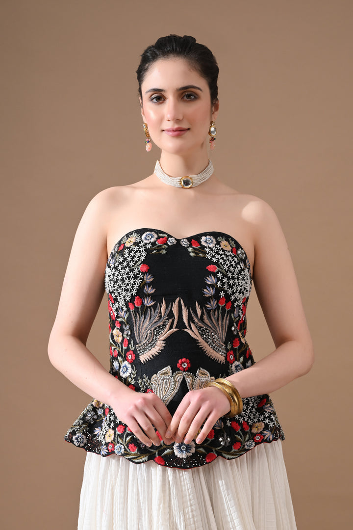 Black Floral Embroidered Corset With Ivory Skirt