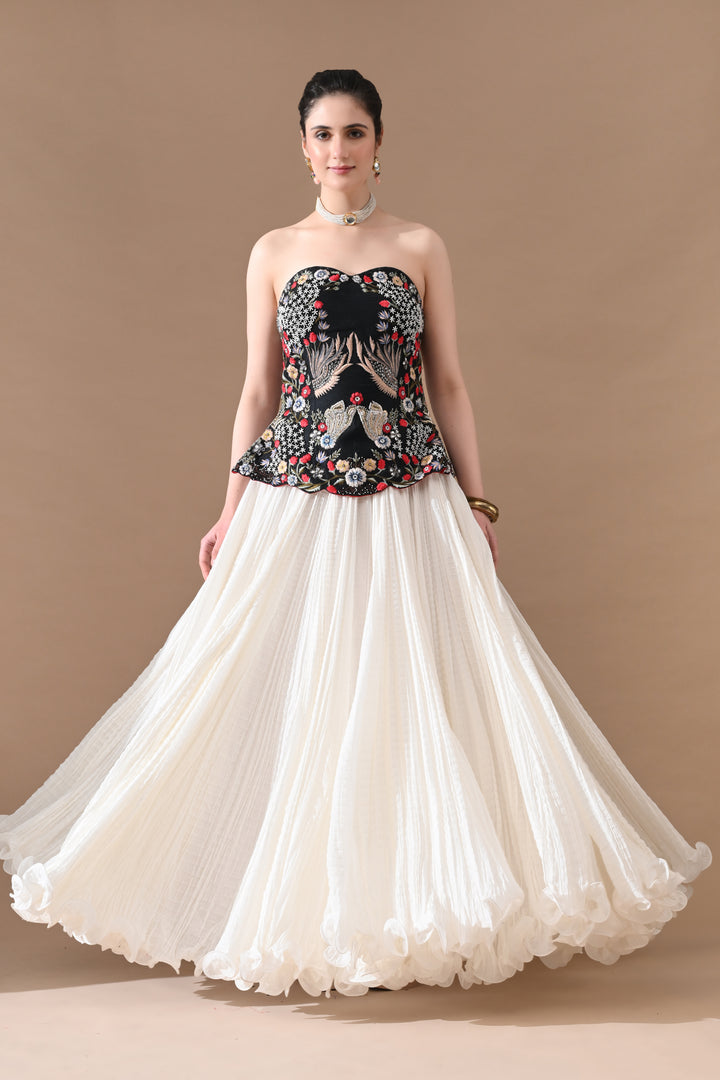 Black Floral Embroidered Corset With Ivory Skirt