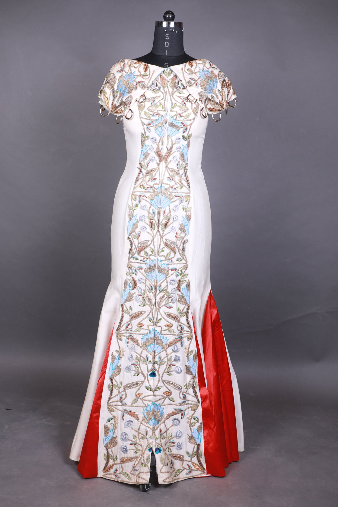 Panelled Cape Shoulders Embroidered Gown