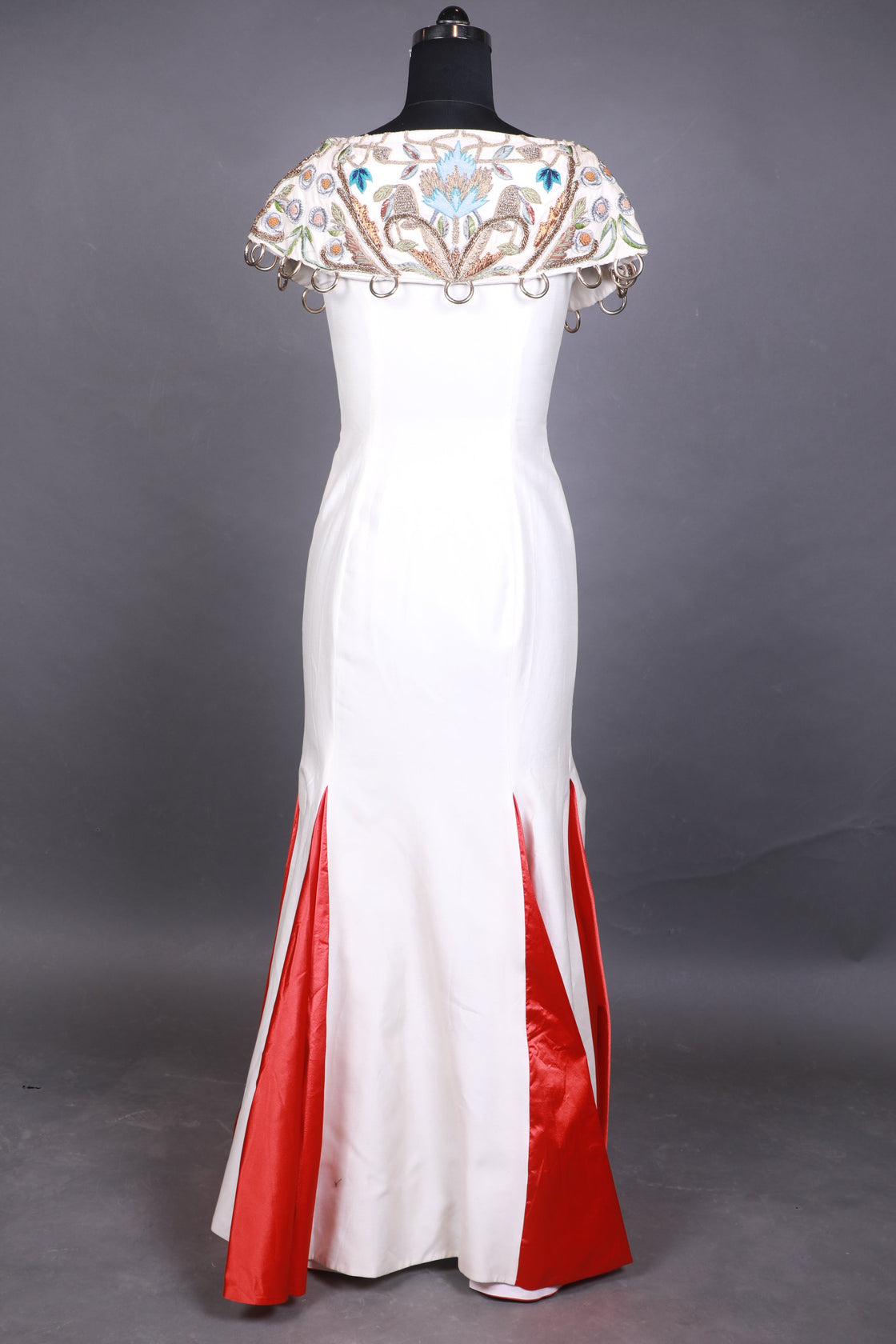 Panelled Cape Shoulders Embroidered Gown