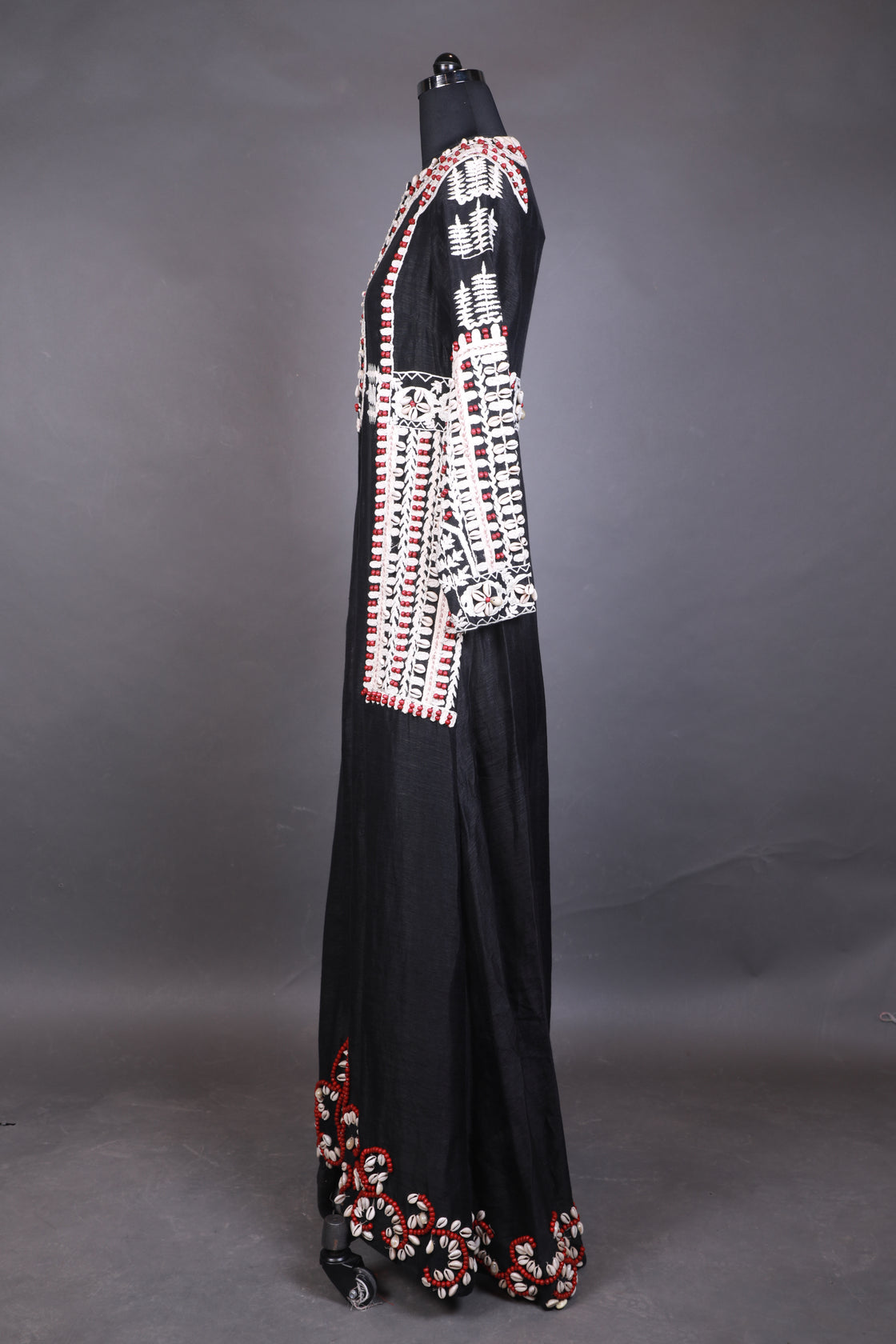 Black dress with red and white floral embroidery