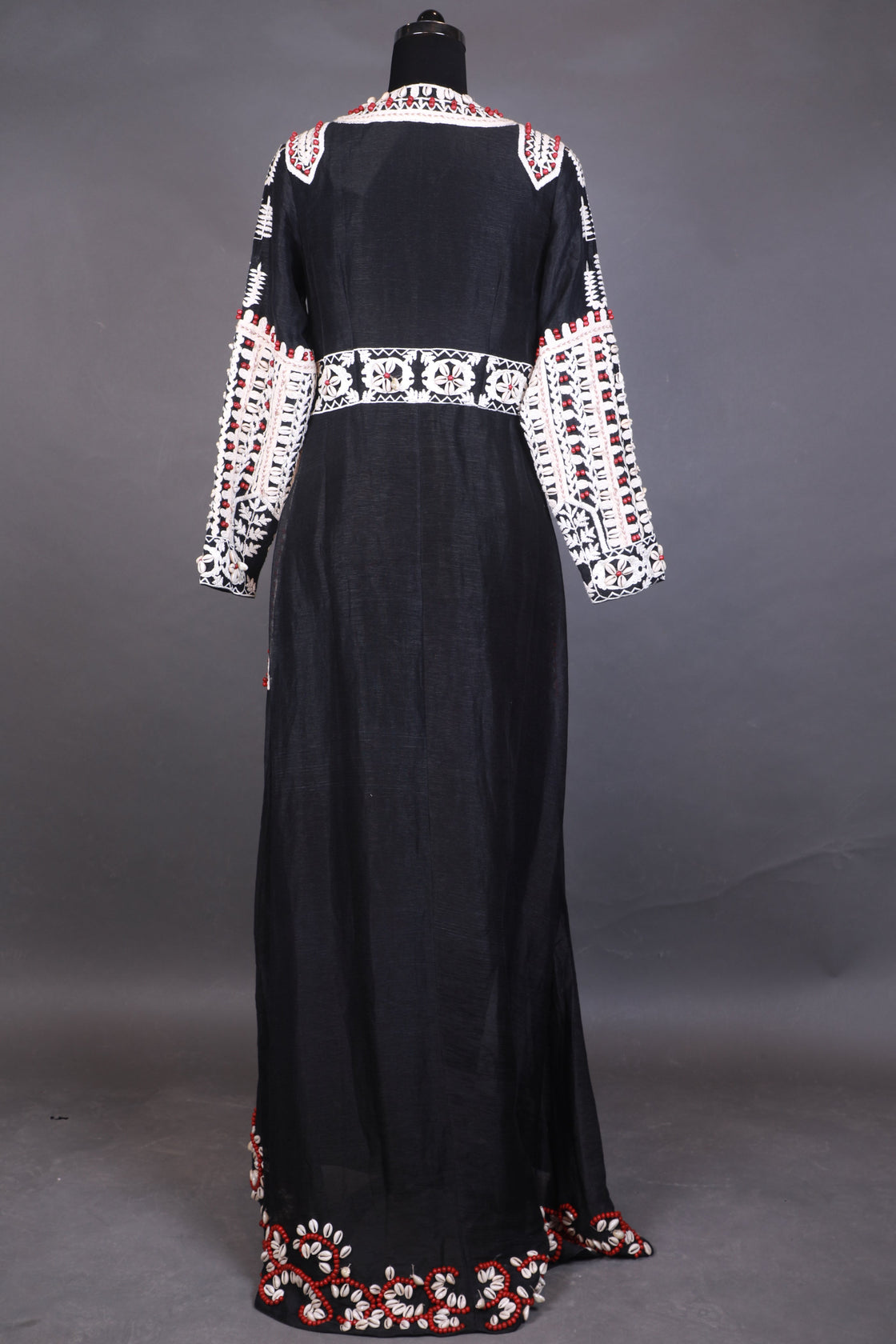 Black dress with red and white floral embroidery