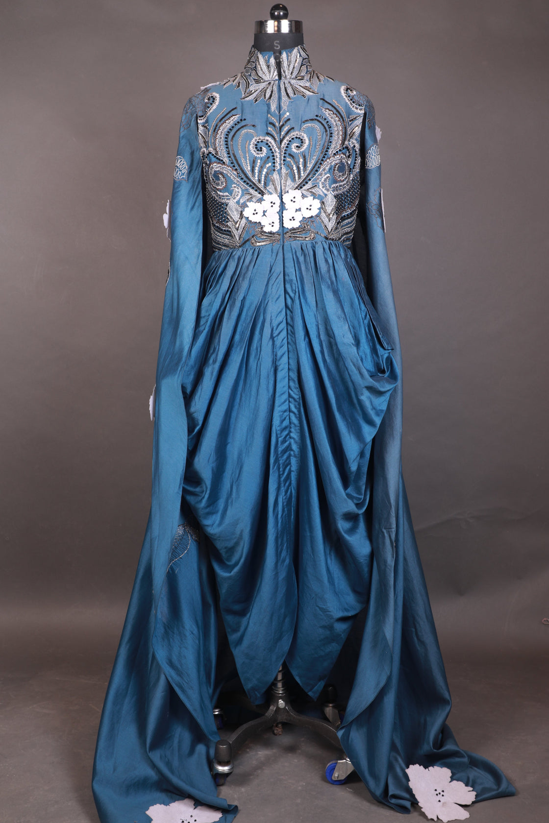 Blue cotton silk dress that gives the illusion of a dhoti from front with cowls falling