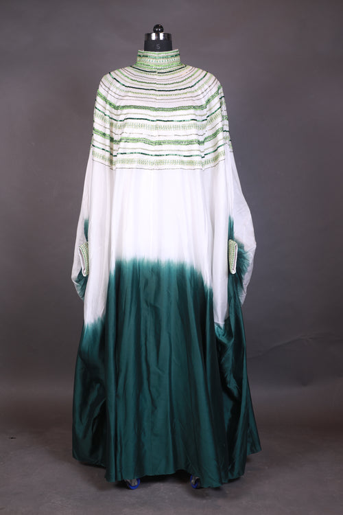 Cotton silk kaftan in Ombre of white and green with a high neckline.