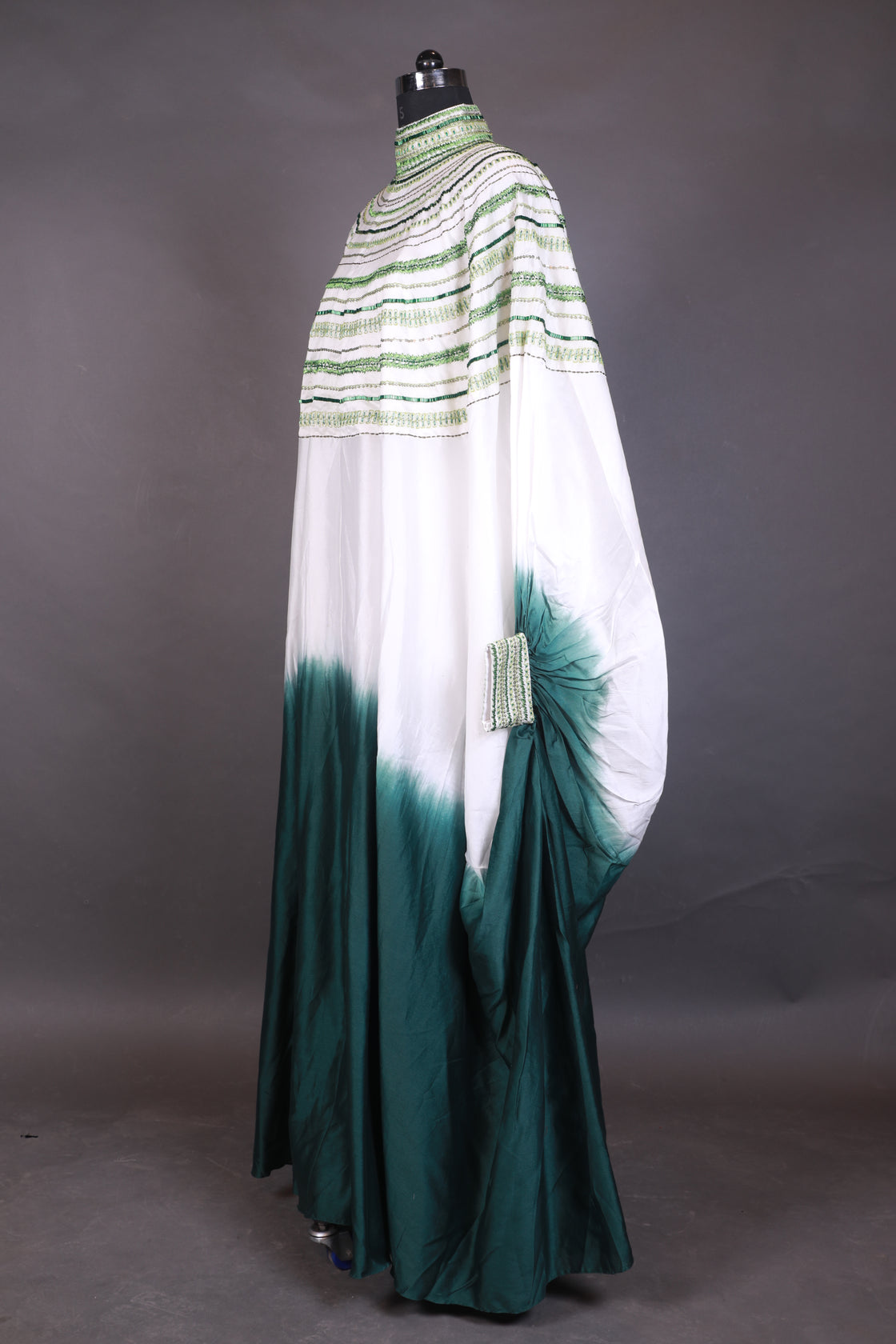 Cotton silk kaftan in Ombre of white and green with a high neckline.