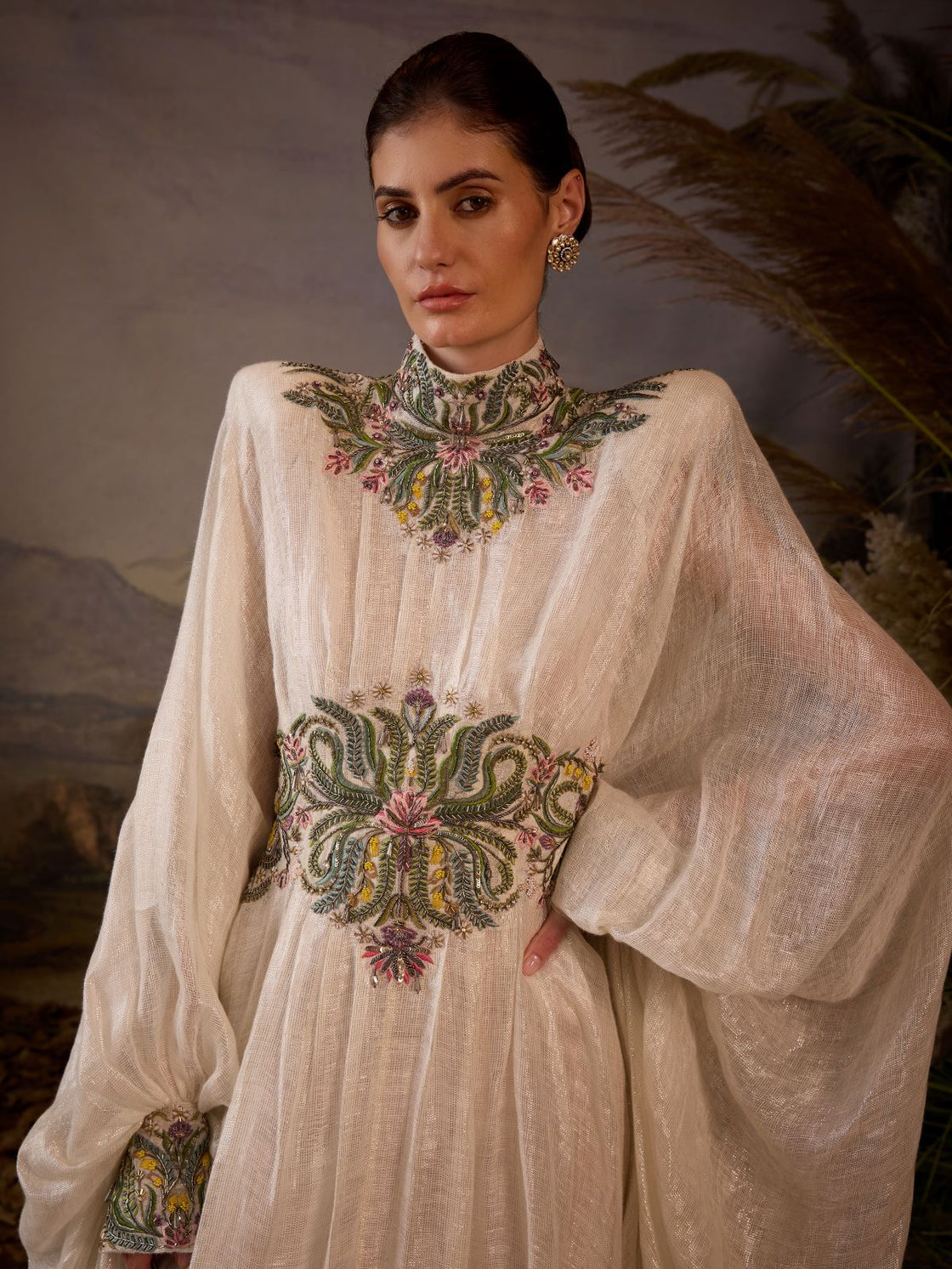 Embroidered High-Neck Cape Gown