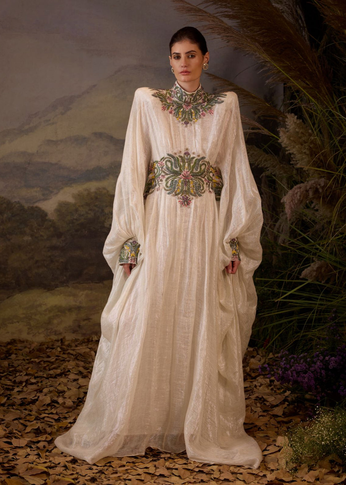 Embroidered High-Neck Cape Gown