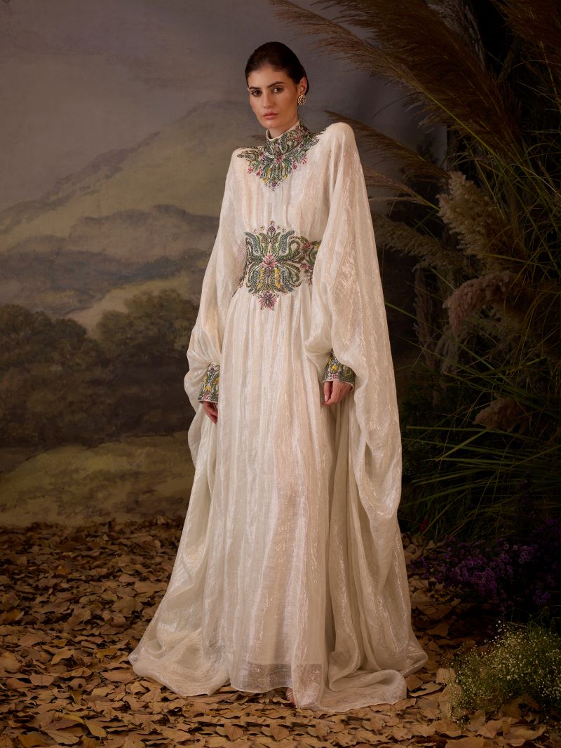 Embroidered High-Neck Cape Gown