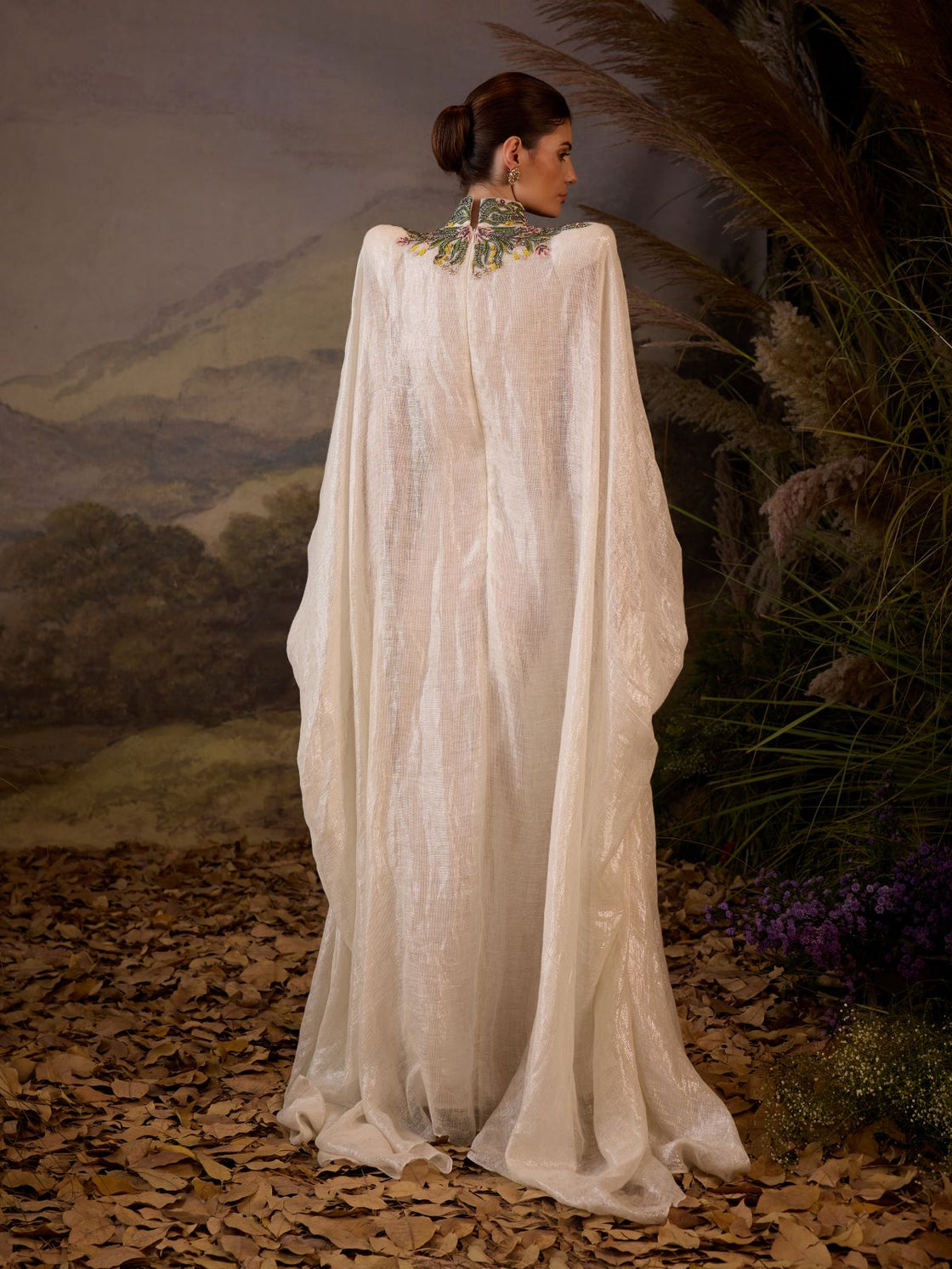 Embroidered High-Neck Cape Gown