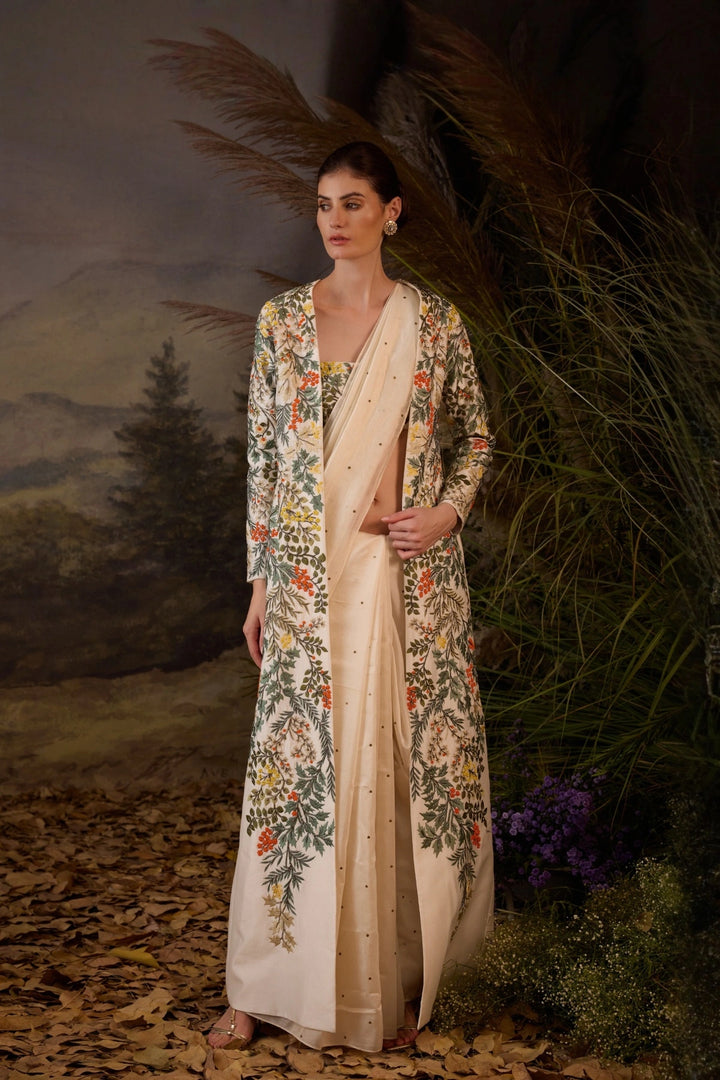 Ivory Botanical Appliqué Embroidered Jacket, Saree &amp; Bustier