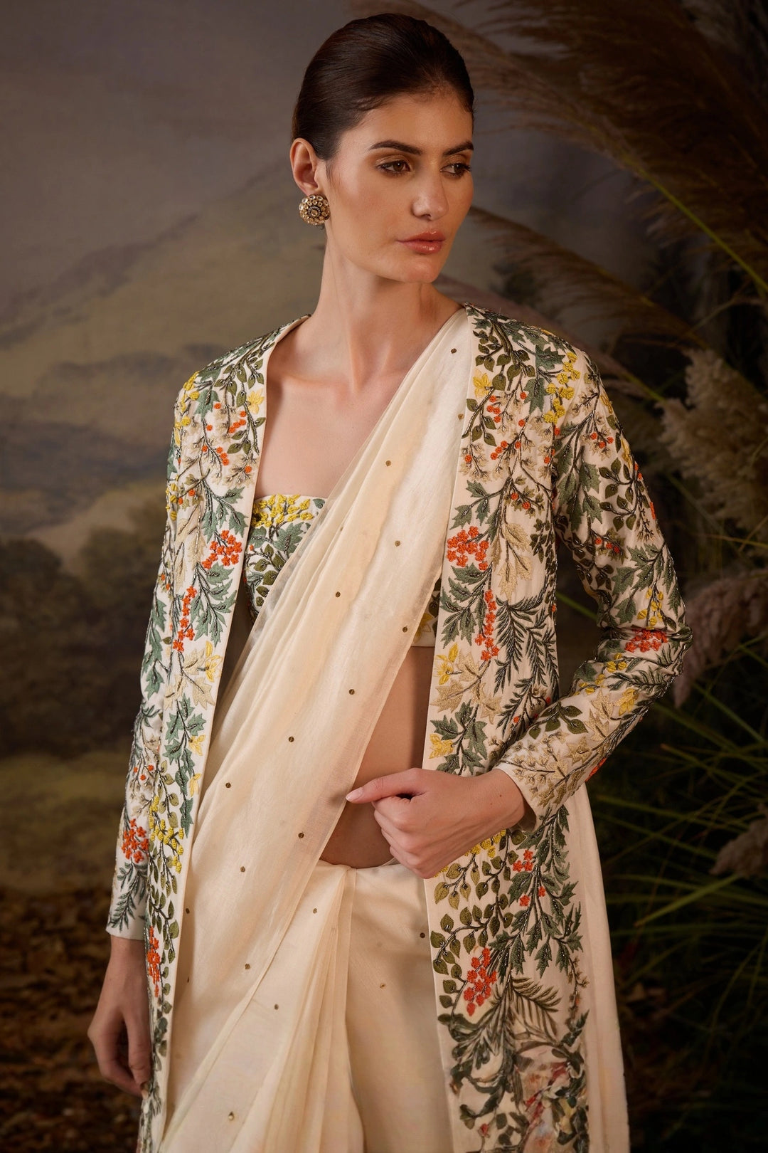 Ivory Botanical Appliqué Embroidered Jacket, Saree &amp; Bustier