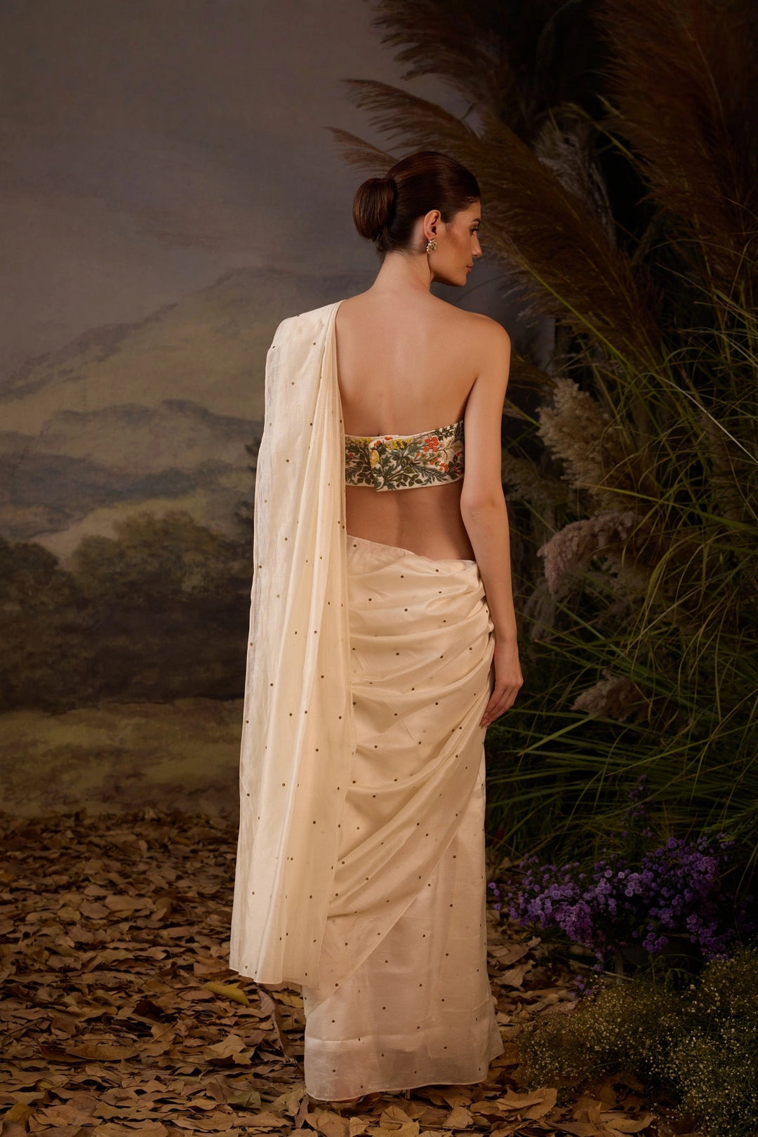 Ivory Botanical Appliqué Embroidered Jacket, Saree &amp; Bustier