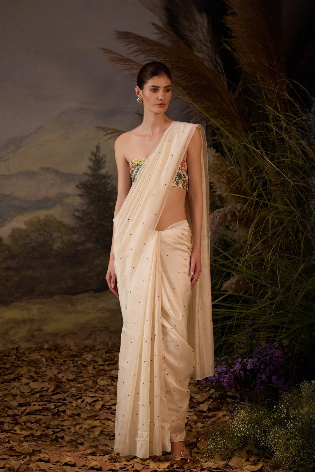 Ivory Botanical Appliqué Embroidered Jacket, Saree &amp; Bustier