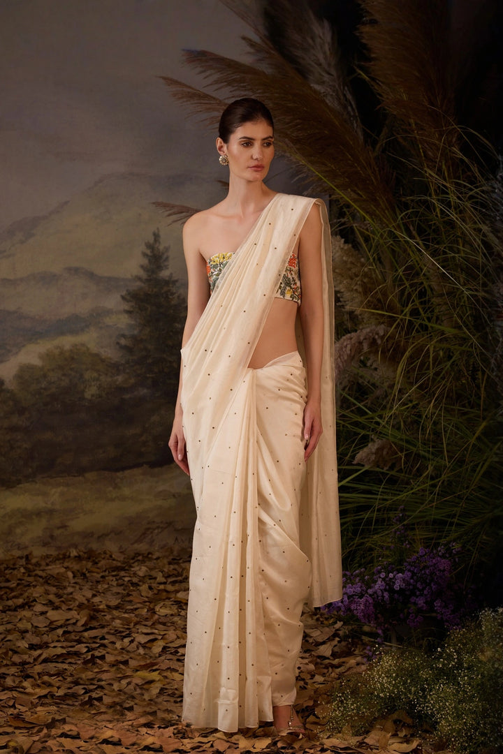 Ivory Botanical Appliqué Embroidered Jacket, Saree &amp; Bustier