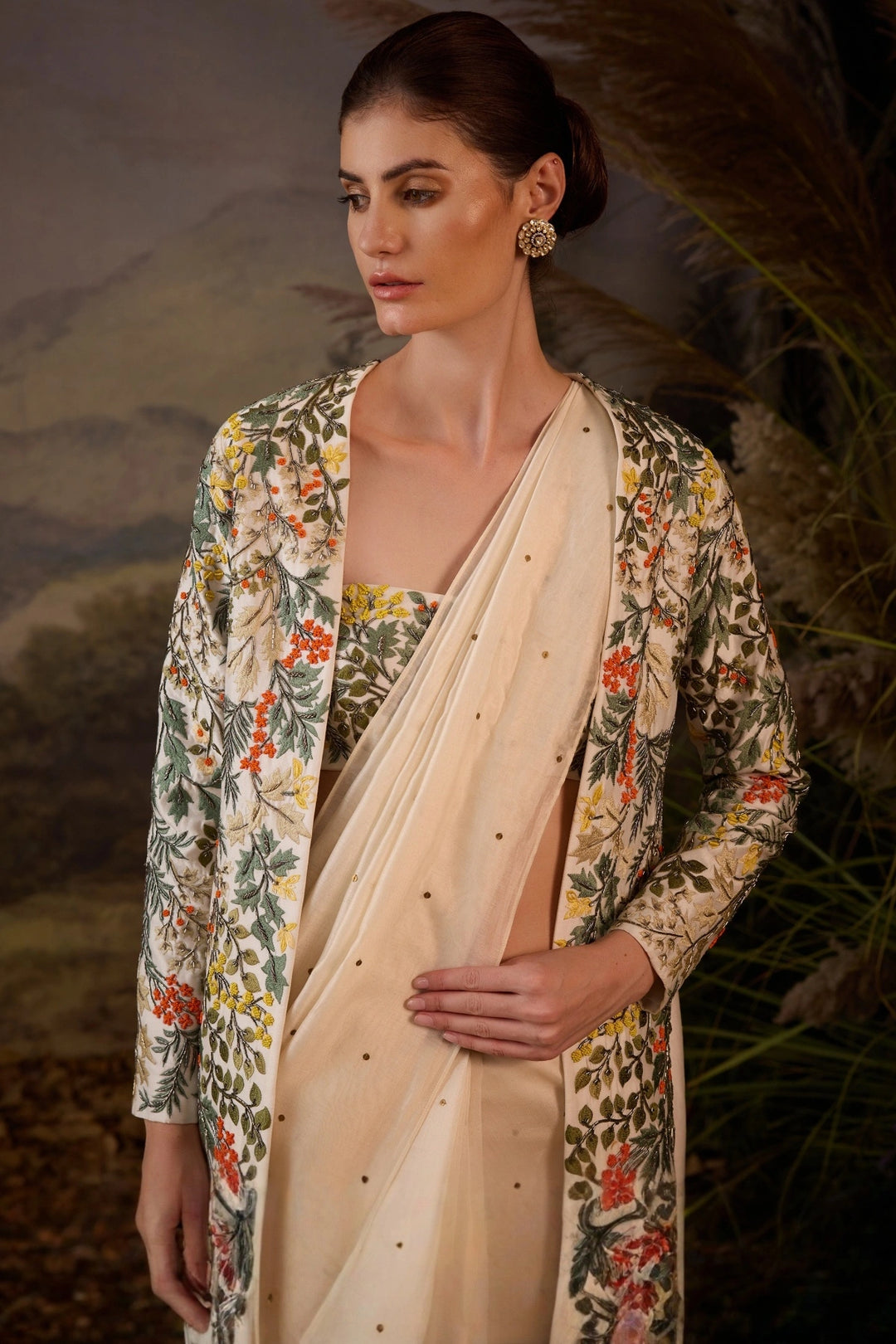 Ivory Botanical Appliqué Embroidered Jacket, Saree &amp; Bustier