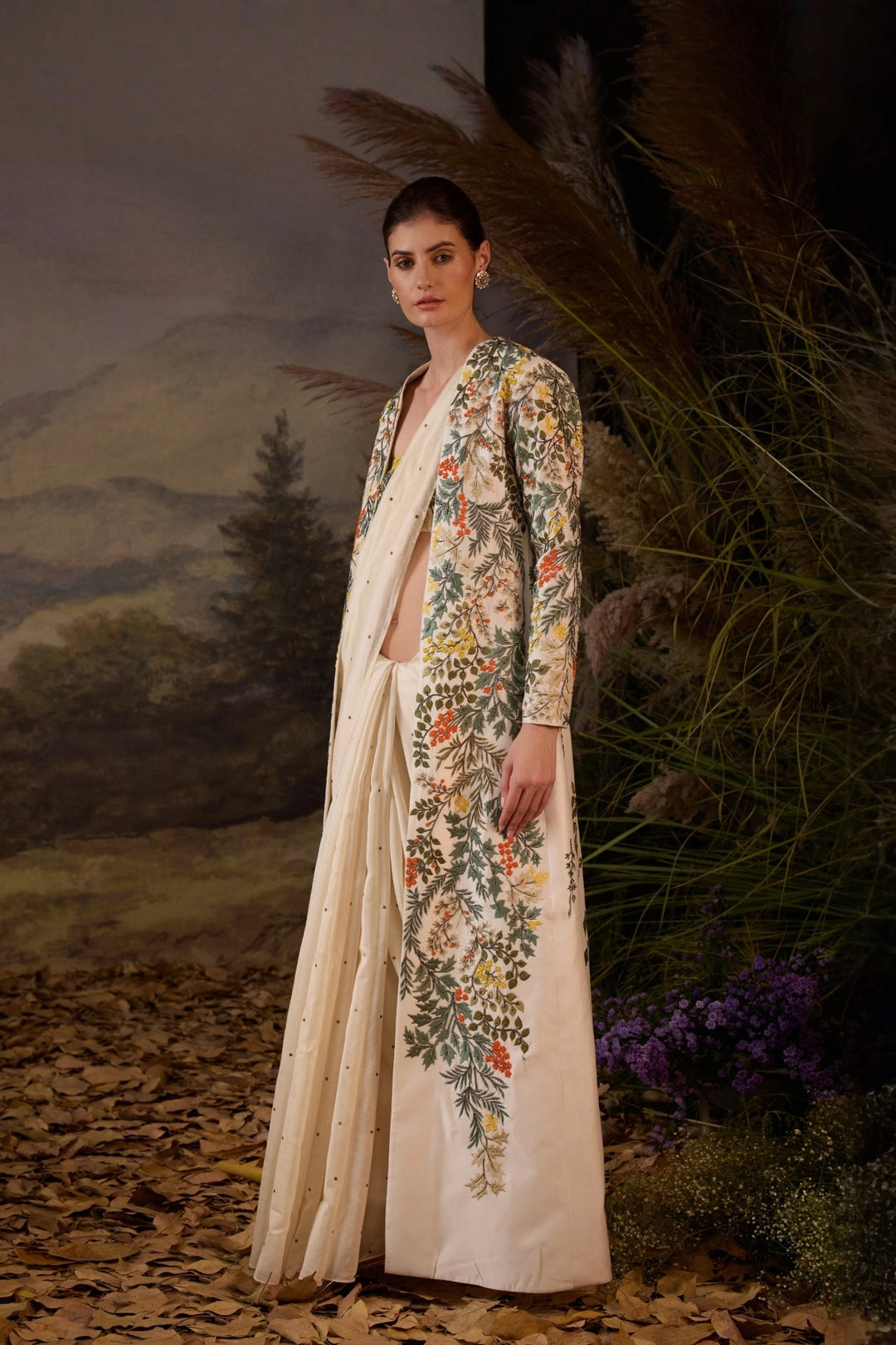 Ivory Botanical Appliqué Embroidered Jacket, Saree &amp; Bustier