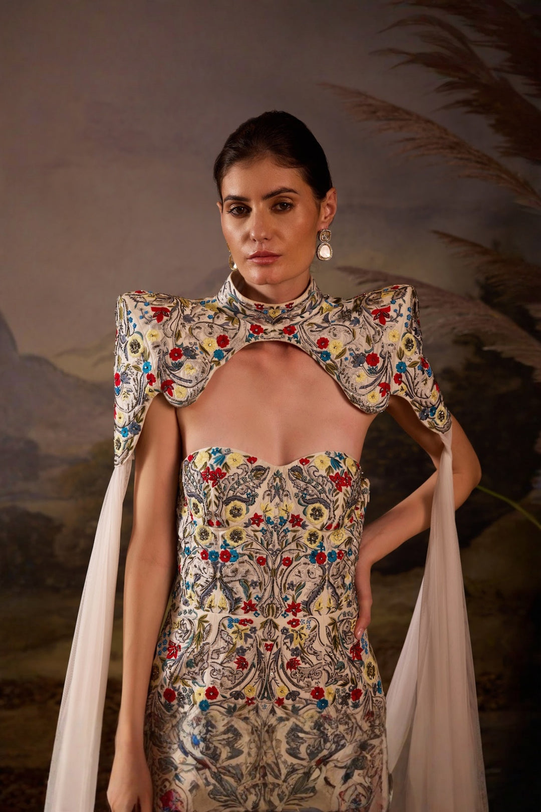 Ivory Floral Embroidered Structured Cape With Drop Waist Gown