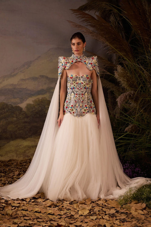 Ivory Floral Embroidered Structured Cape With Drop Waist Gown