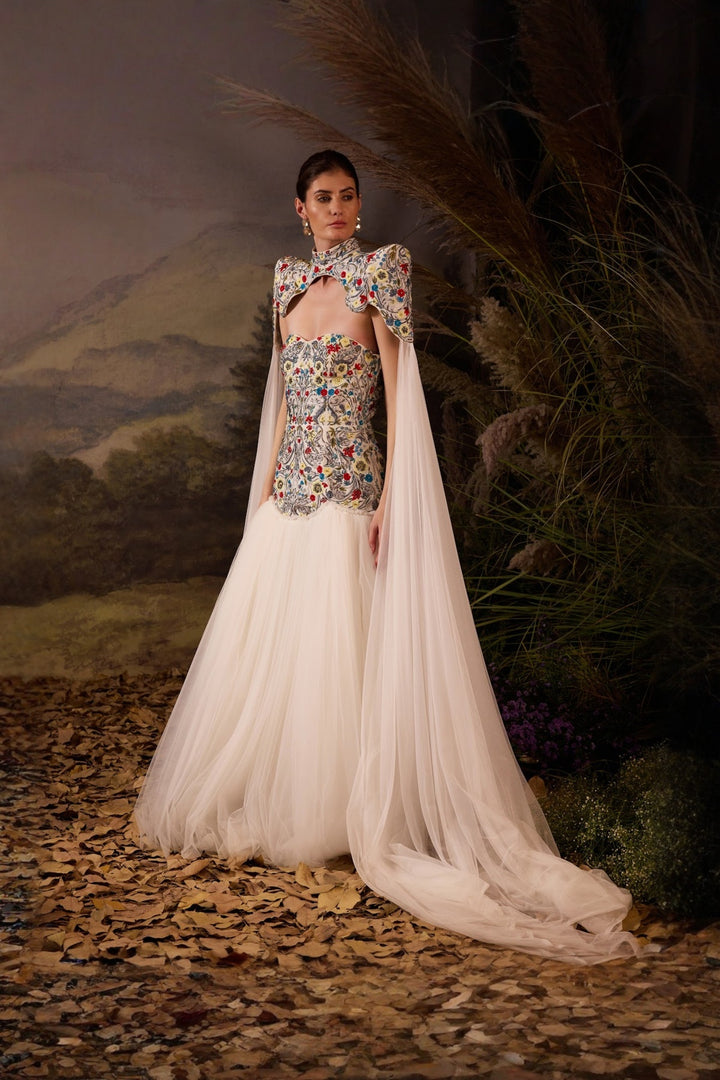 Ivory Floral Embroidered Structured Cape With Drop Waist Gown
