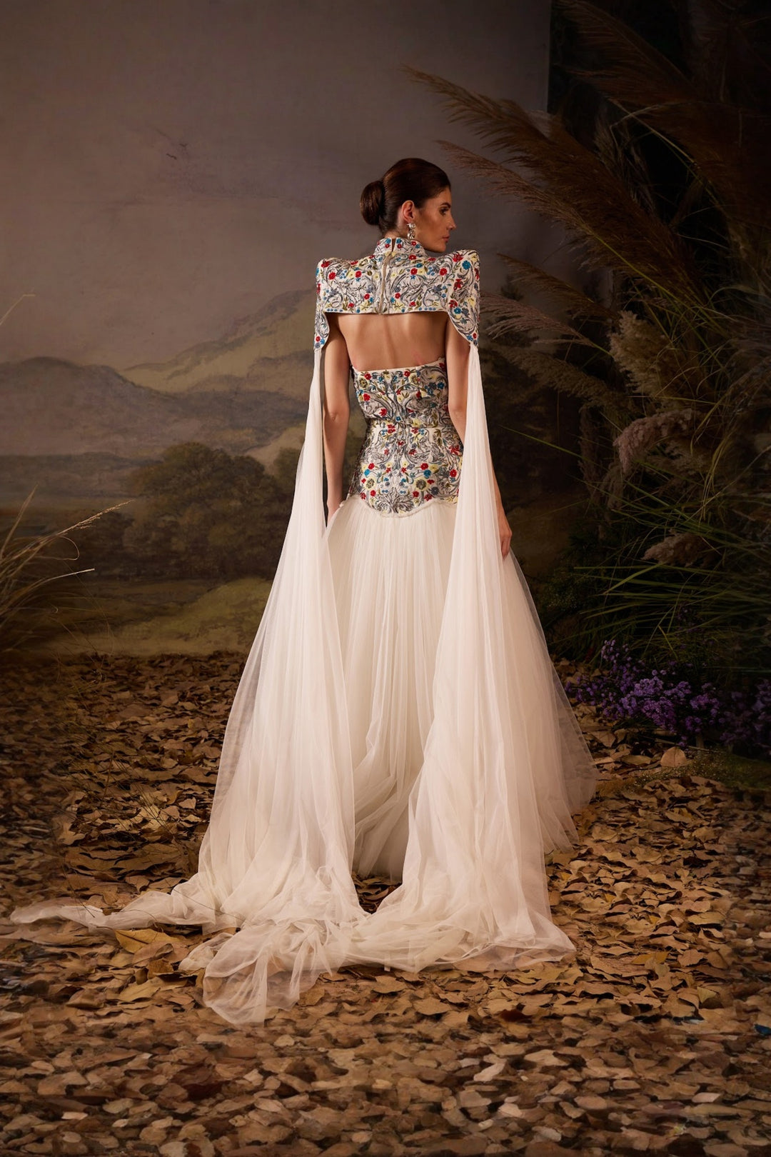 Ivory Floral Embroidered Structured Cape With Drop Waist Gown
