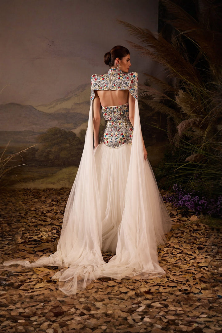Ivory Floral Embroidered Structured Cape With Drop Waist Gown