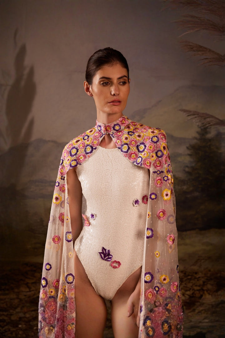 Ivory Floral Embroidered Cape with all over sequence Bodysuit