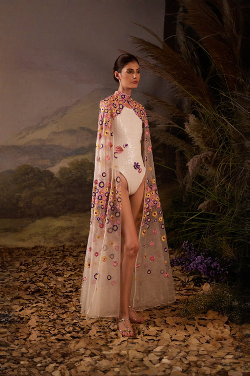 Embroidered Cape Bodysuit