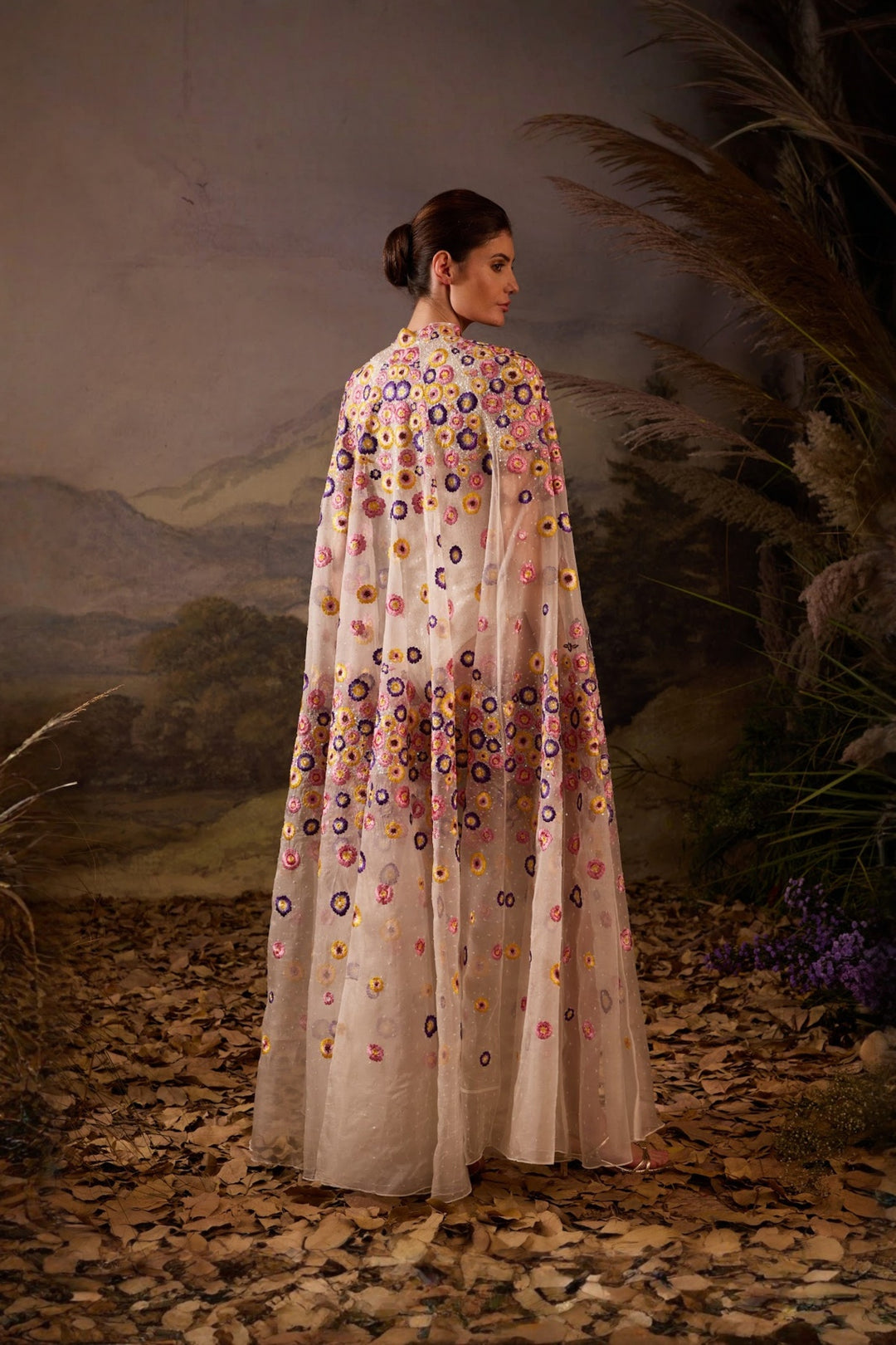 Ivory Floral Embroidered Cape with all over sequence Bodysuit