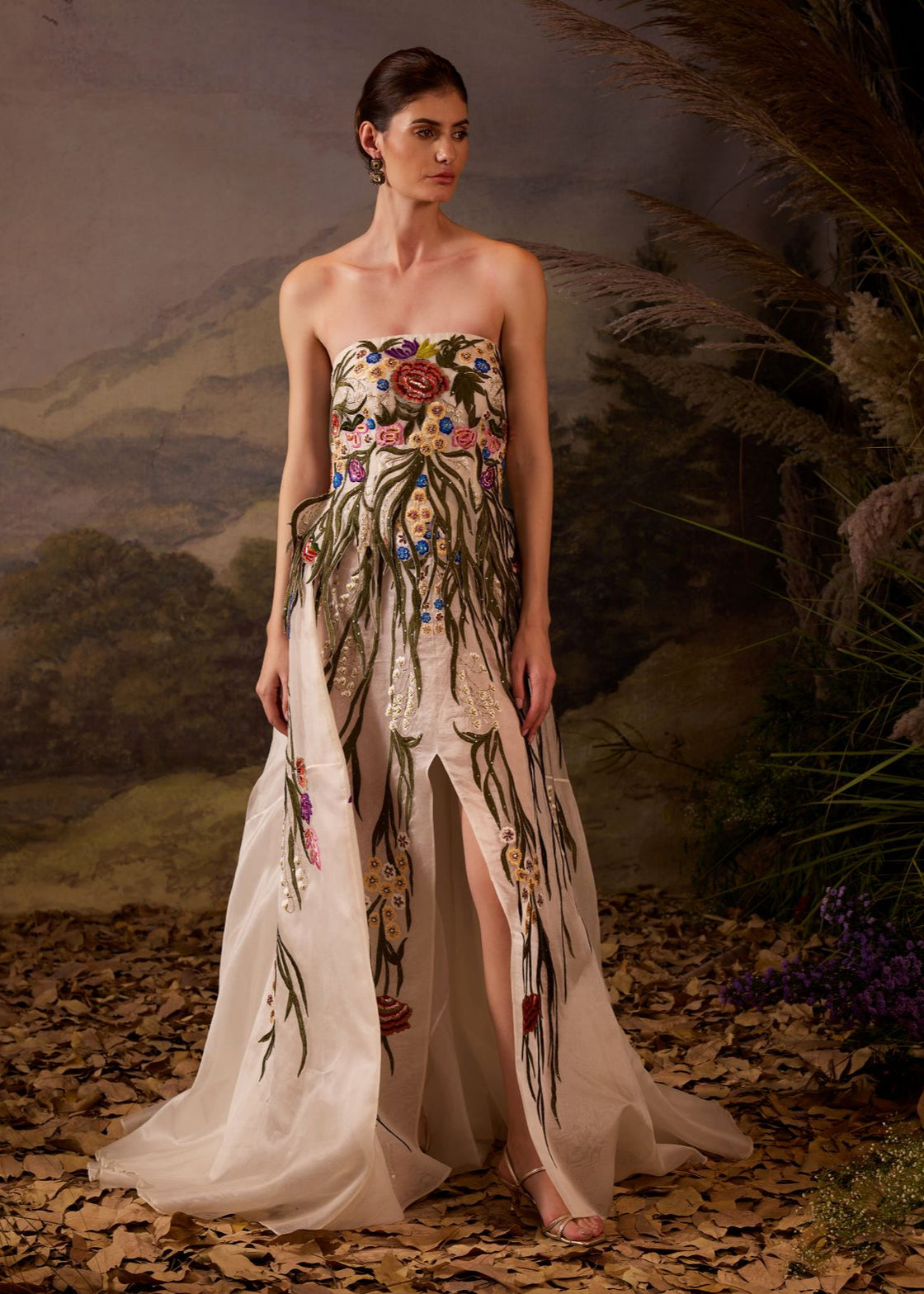 Floral Embroidered Strapless Gown