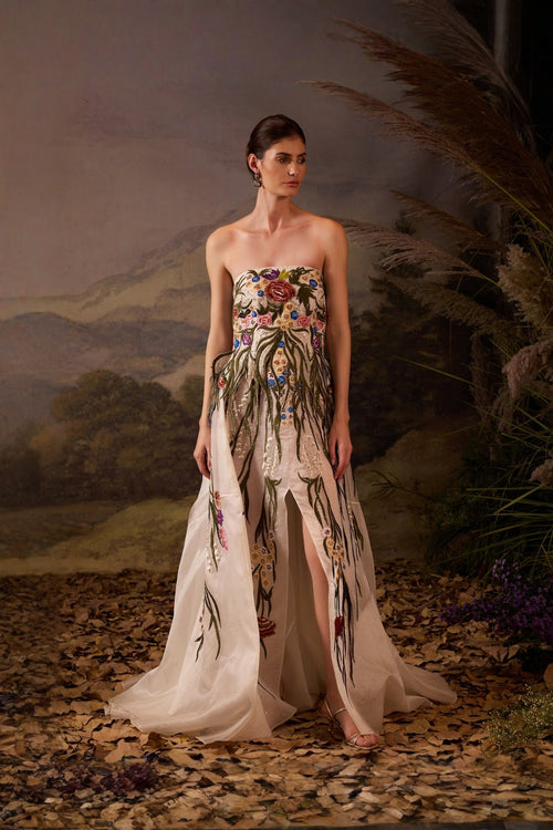 Ivory Floral Vine Appliquã© Couture Off Shoulder Gown