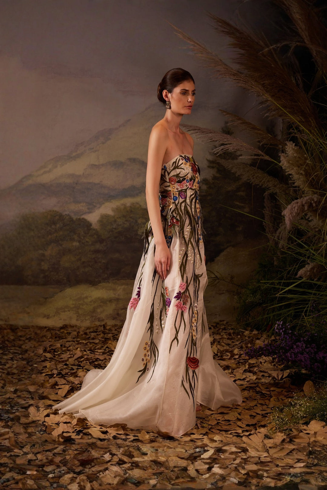 Ivory Floral Vine Appliqué Couture off shoulder Gown