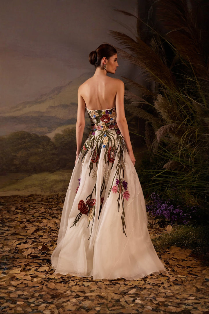Ivory Floral Vine Appliqué Couture off shoulder Gown